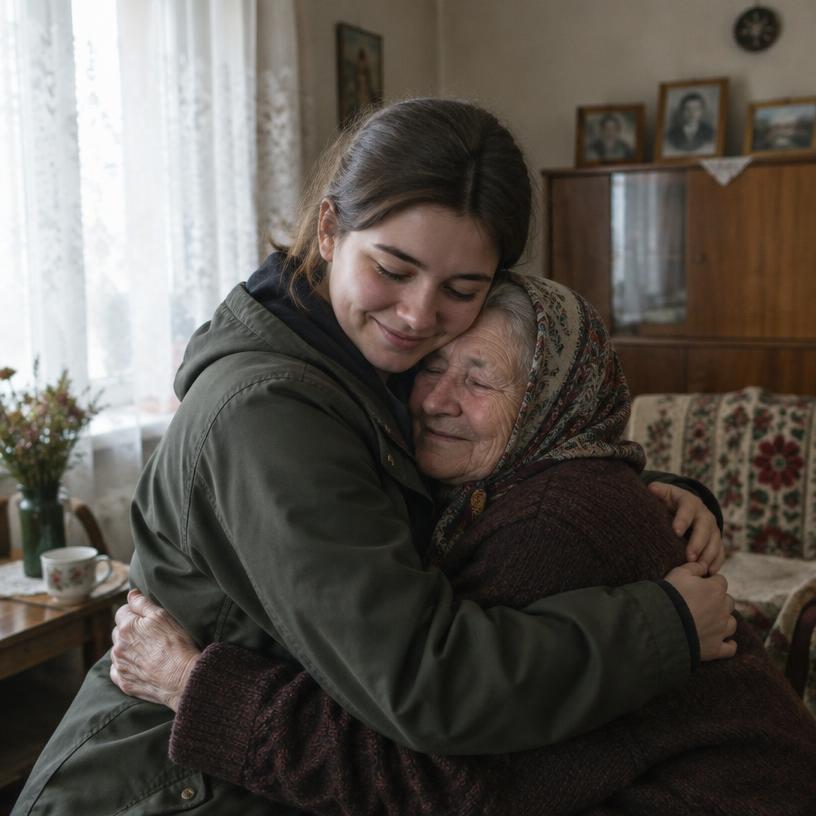 Voluntária abraçando uma idosa em sua casa