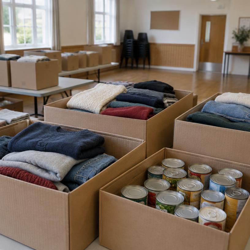 Caixas com roupas e alimentos prontas para doação
