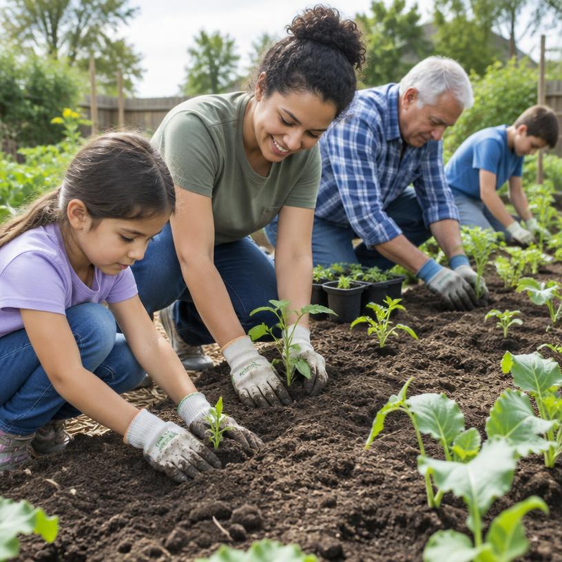 Voluntários plantando mudas em uma horta comunitária